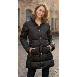 DAKINI Down Puffer Coat Women's S Black High Neck Button Down Cozy Winter Warm